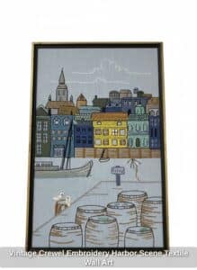 Vintage-Crewel-Embroidery-Harbor-Scene-Textile-Wall-Art