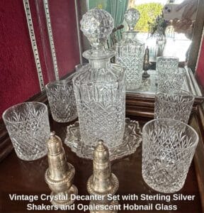 Vintage-Crystal-Decanter-Set-with-Sterling-Silver-Shakers-and-Opalescent-Hobnail-Glass