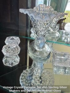 Vintage-Crystal-Decanter-Set-with-Sterling-Silver-Shakers-and-Opalescent-Hobnail-Glass-fifth-image