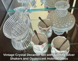Vintage-Crystal-Decanter-Set-with-Sterling-Silver-Shakers-and-Opalescent-Hobnail-Glass-second-image