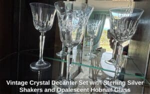 Vintage-Crystal-Decanter-Set-with-Sterling-Silver-Shakers-and-Opalescent-Hobnail-Glass-sixth-image