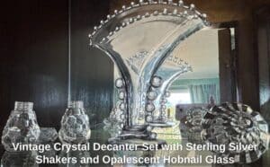 Vintage-Crystal-Decanter-Set-with-Sterling-Silver-Shakers-and-Opalescent-Hobnail-Glass-third-image