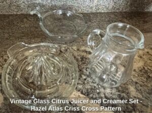 Vintage-Glass-Citrus-Juicer-and-Creamer-Set-Hazel-Atlas-Criss-Cross-Pattern