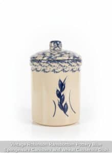 Vintage-Robinson-Ransbottom-Pottery-Blue-Spongeware-Canisters-and-Wheat-Casserole-Dish-second-image