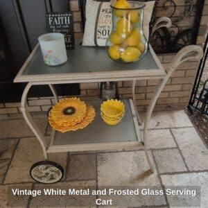 Vintage-White-Metal-and-Frosted-Glass-Serving-Cart