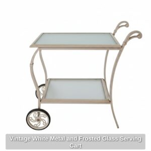 Vintage-White-Metal-and-Frosted-Glass-Serving-Cart-second-image