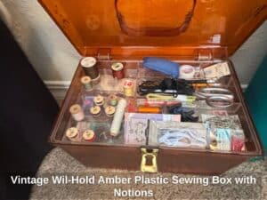 Vintage-Wil-Hold-Amber-Plastic-Sewing-Box-with-Notions