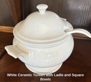 White-Ceramic-Tureen-with-Ladle-and-Square-Bowls-second-image