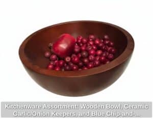 Kitchenware-Assortment-Wooden-Bowl-Ceramic-Garlic-or-Onion-Keepers-and-Blue-Chip-and-Dip-Platter