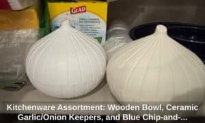 Kitchenware-Assortment-Wooden-Bowl-Ceramic-Garlic-or-Onion-Keepers-and-Blue-Chip-and-Dip-Platter-second-image