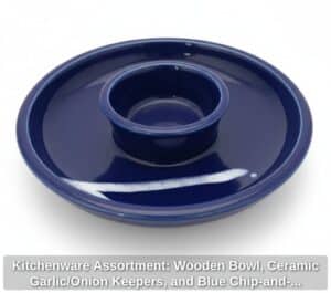 Kitchenware-Assortment-Wooden-Bowl-Ceramic-Garlic-or-Onion-Keepers-and-Blue-Chip-and-Dip-Platter-third-image