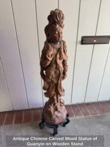 Antique-Chinese-Carved-Wood-Statue-of-Guanyin-on-Wooden-Stand