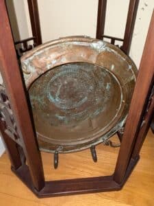 Antique-Hammered-Copper-Basin-on-Carved-Wooden-Stand