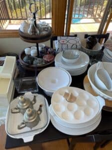 Assorted-Tableware-Lot-with-Escargot-Dish-and-Sun-Ware-Salad-Plates