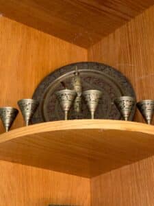 Brass-Etched-Serving-Tray-with-Six-Goblets-and-Decanter