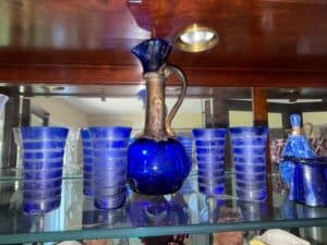 Cobalt-Blue-Glass-Ewer-and-Tumblers-Set-with-Silver-Plated-Collar