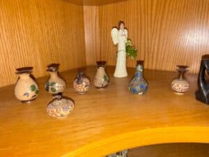 Collection-of-Miniature-Ceramic-Vases-and-Angel-Figurine-includes-Gouda-style-and-Cloisonn