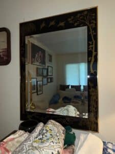 LaBarge-Black-Lacquer-Chinoiserie-Mirror-with-Gilt-Cranes-and-Bamboo