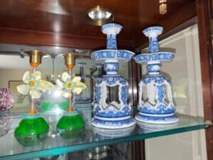 Pair-of-Blue-and-White-Porcelain-Pagoda-Candlesticks