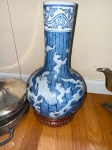 Vintage-Blue-and-White-Dragon-Vase-with-Wooden-Stand