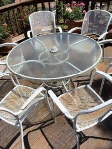 Vintage-White-Mesh-Metal-Patio-Dining-Set-with-Glass-Top-Table-and-Six-Chairs-second-image