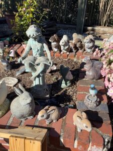 Assorted-Garden-Statuary-Collection-Rabbits-Squirrels-Gnomes-Angels-and-Girl-on-Pedestal