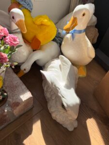 Ceramic-Bunny-and-Duck-Figurines-with-Plush-Duck
