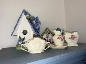 Fitz-and-Floyd-Ceramic-Decorative-Birdhouse-and-Floral-Pitcher-Set