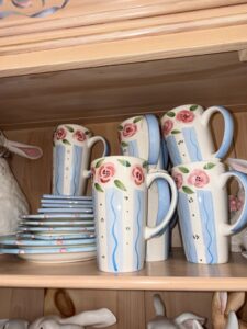 Hand-Painted-Ceramic-Mugs-and-Saucers-with-Rose-and-Stripe-Pattern