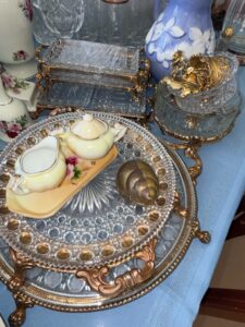 Victorian-Style-Crystal-Serving-Tray-with-Gilt-Metal-Accents-and-Hand-Painted-Porcelain-Creamer-and-Sugar-Set