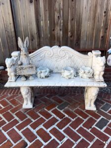 Vintage-Concrete-Bunny-and-Lion-Garden-Bench-with-Planters
