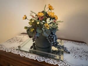 Artificial-Floral-Arrangement-with-Grapes-and-Mirrored-Tray