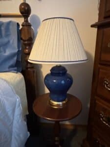 Blue-Ceramic-Ginger-Jar-Table-Lamp-with-Brass-Collar-and-Pleated-Shade