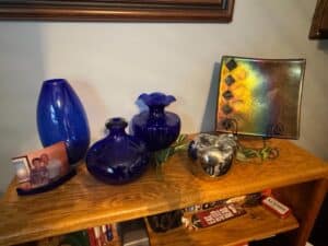Cobalt-Blue-Glass-Vases-and-Iridescent-Glass-Dish