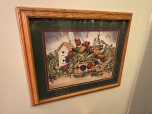Framed-Print-of-Tulips-Birdhouse-and-Birds-by-Laurette-Ryerson