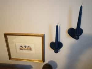 Framed-Watercolor-Print-of-Chickadees-with-Heart-Shaped-Taper-Candle-Holders
