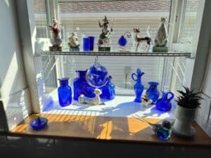 Jim-Shore-Whimsical-Cats-Collection-Figurines-and-Cobalt-Blue-Glassware