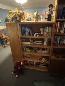 Oak-Bookcase-with-Assorted-Books-and-Decor