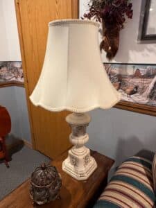 Vintage-Ceramic-Table-Lamp-with-Rose-Motif-and-Braided-Shade-Trim