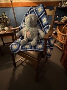 Vintage-Teddy-Bear-with-Crochet-Blanket-and-Rocking-Chair