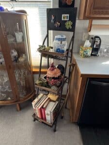Vintage-Wrought-Iron-Tiered-Shelf-with-Rooster-and-Biscotti-Jar