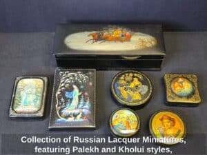 Collection-of-Russian-Lacquer-Miniatures-featuring-Palekh-and-Kholui-styles-including-Snow-Maiden-and-historical-scenes
