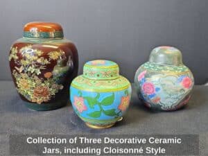 Collection-of-Three-Decorative-Ceramic-Jars-including-Cloisonn-Style