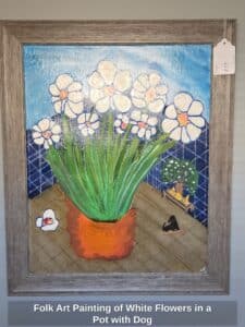 Folk-Art-Painting-of-White-Flowers-in-a-Pot-with-Dog