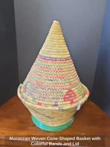 Moroccan-Woven-Cone-Shaped-Basket-with-Colorful-Bands-and-Lid