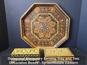 Octagonal-Marquetry-Serving-Tray-and-Two-Decorative-Boxes-Syrian-or-Middle-Eastern