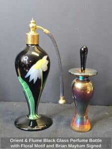 Orient-Flume-Black-Glass-Perfume-Bottle-with-Floral-Motif-and-Brian-Maytum-Signed-Iridescent-Perfume-Bottle