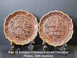 Pair-of-Antique-Chinese-Carved-Cinnabar-Plates-th-Century