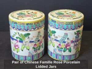 Pair-of-Chinese-Famille-Rose-Porcelain-Lidded-Jars