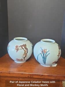 Pair-of-Japanese-Celadon-Vases-with-Floral-and-Monkey-Motifs